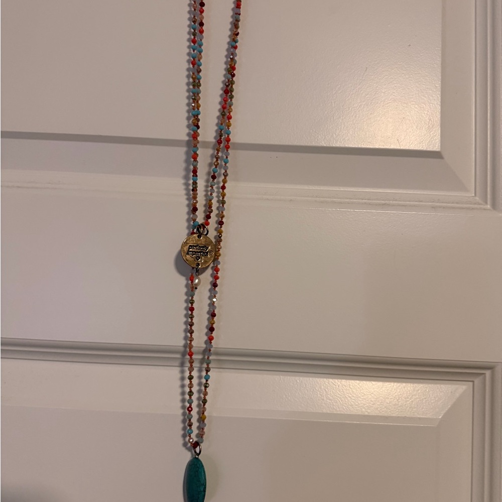 Colorful Beaded Necklace with Teal Pendant
